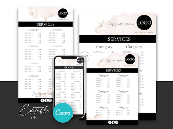 Editable Beauty Salon Price List Template, Editable Services Menu, Editable Pink and Gold Price List, Canva Template with 4 Sizes Included