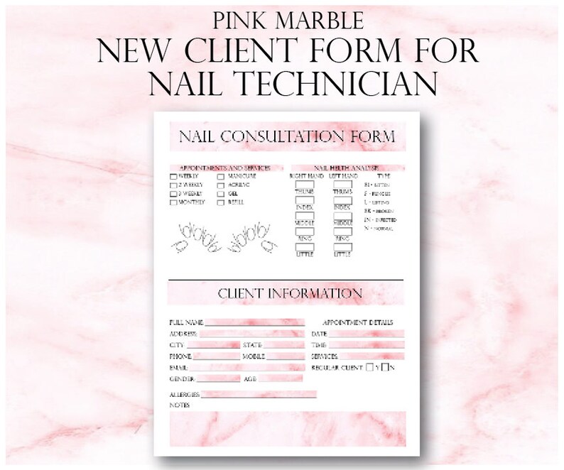 Pink Marble Nail Technician New Client Form And Service Record Etsy