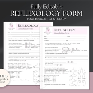 May include: A printable reflexology consultation form with a pink and white color scheme. The form includes sections for client information, health history, and a diagram of the feet. The text on the form reads "Reflexology Consultation Form".