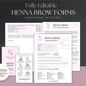 Modèle de formulaire de sourcils au henné, formulaire de consentement modifiable pour les sourcils au henné, modèle de carte de soin de suivi des sourcils au henné