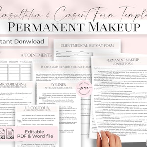 Puede incluir: Un conjunto de plantillas de formularios de consentimiento y consulta para maquillaje permanente imprimibles en PDF. Las plantillas incluyen un formulario de historial médico del cliente, un formulario de lanzamiento de fotos y videos y un formulario de consentimiento para maquillaje permanente. Los formularios están diseñados para ser utilizados por artistas y técnicos de maquillaje permanente.