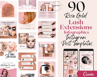 Lashes Extensions Instagram Post Templates, Editable Eyelash Extensions Social Media Post Templates, Canva Template