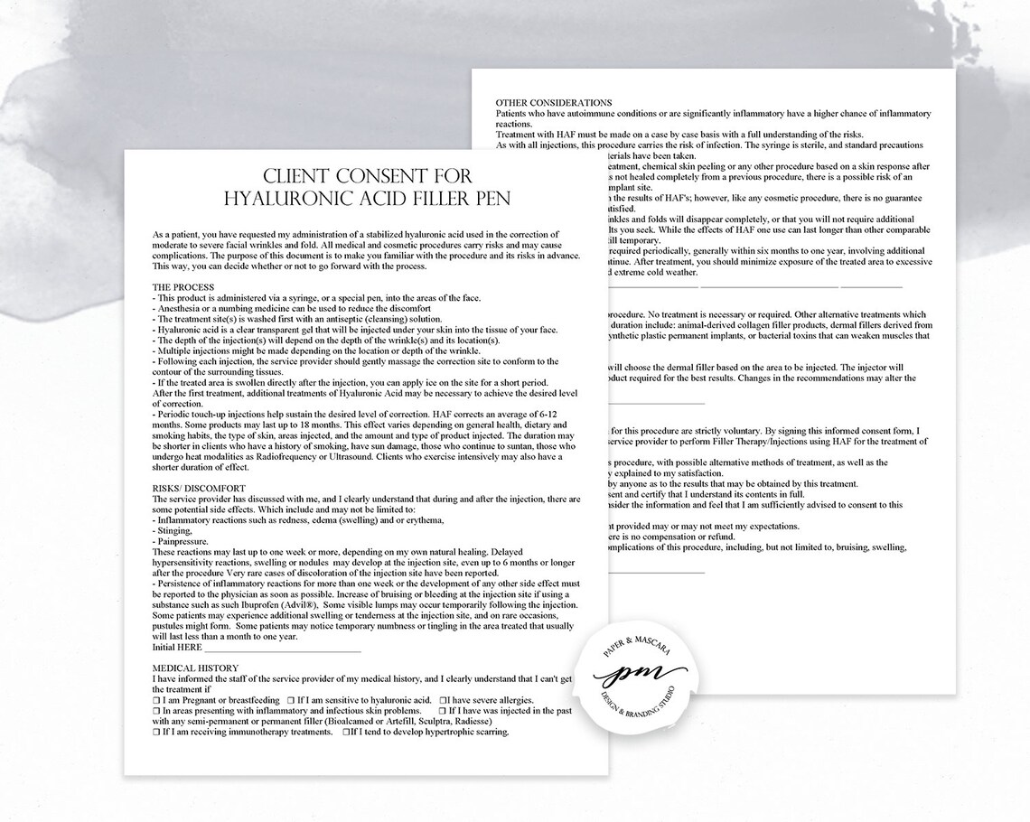 Hyaluronic Acid Pen Consent Form Template Facial Fillers Etsy