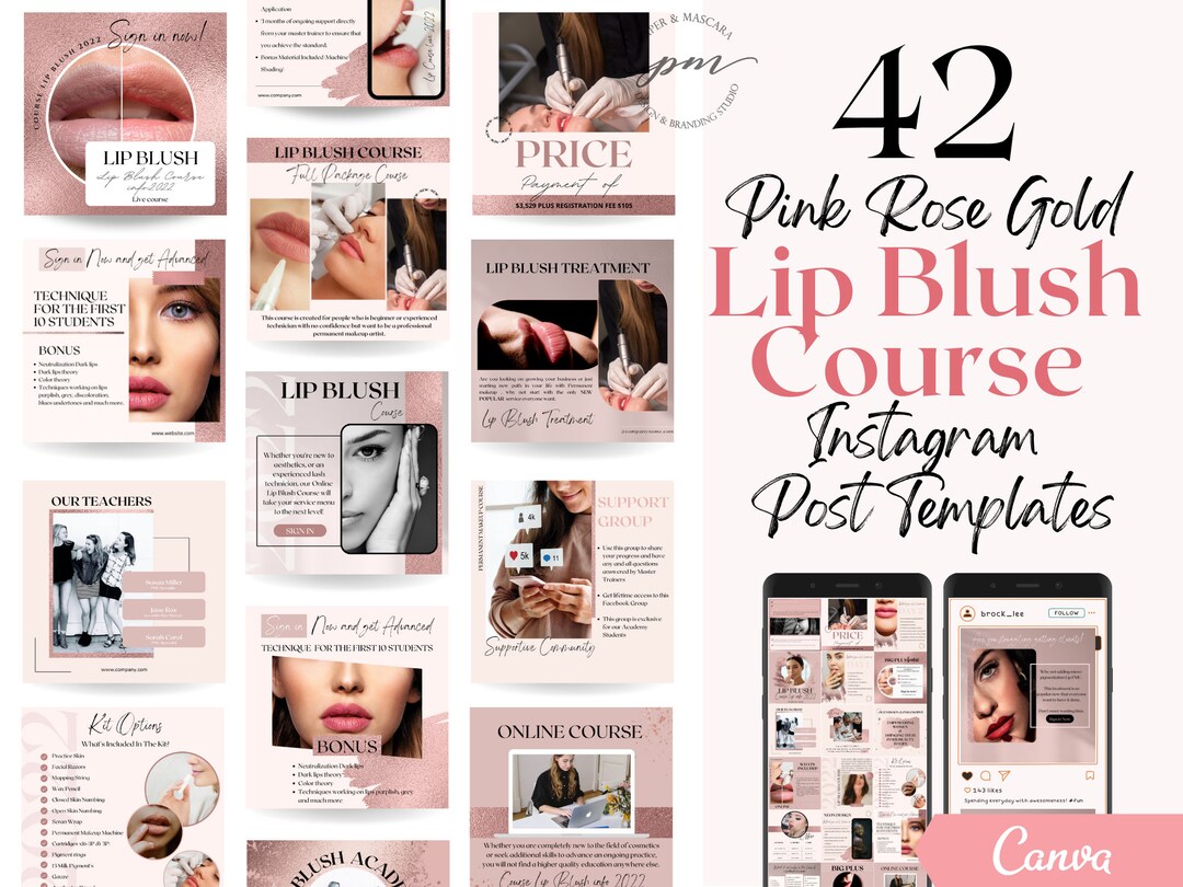 Lip Blush Course Instagram Post Templates, Editable Permanent Makeup