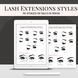Può includere: Un tablet digitale che mostra una guida ai diversi stili di extensioni ciglia. La guida presenta illustrazioni di vari stili di ciglia, tra cui ciglia classiche, ibride e voluminose.
