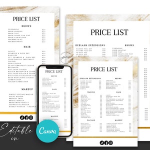 Editable Beauty Salon Price List Template, Editable Services Menu, Editable Gold Marble Price List, Canva Template with 4 Sizes Included