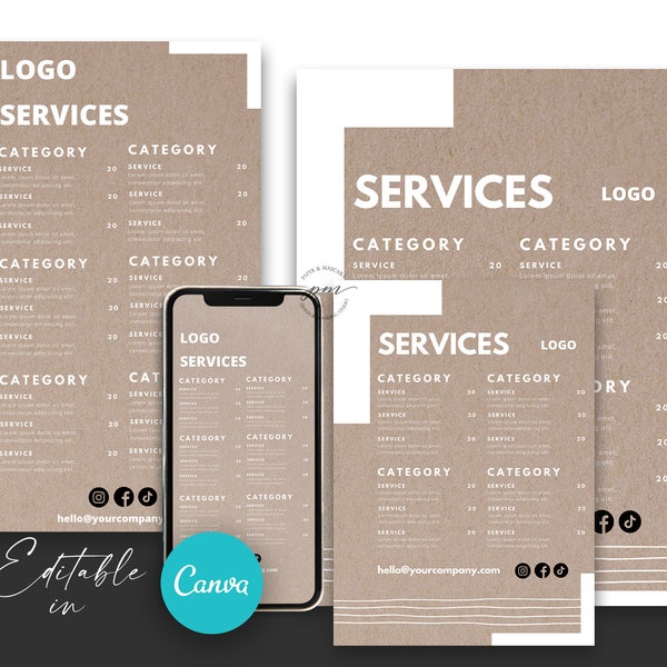 Editable Beauty Salon Price List Template, Editable Services Menu, Editable Craft Paper Price List, Canva Template with 4 Sizes Included