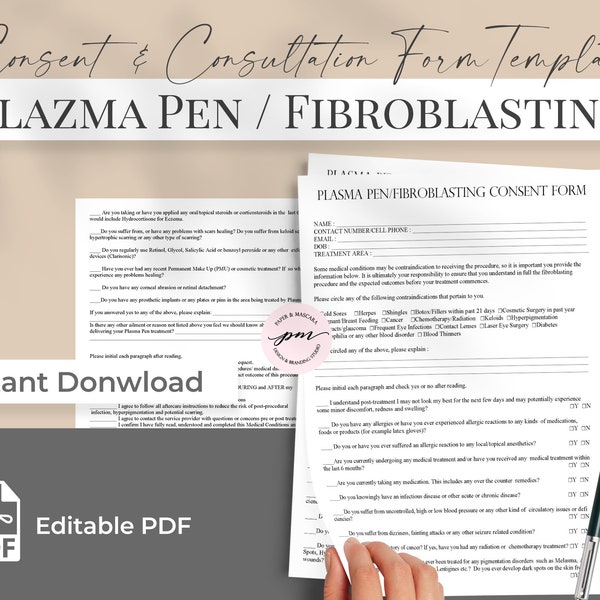 Plantilla de formulario de consentimiento para fibroblastos, plantilla de formulario de consentimiento y consulta para pluma de plasma