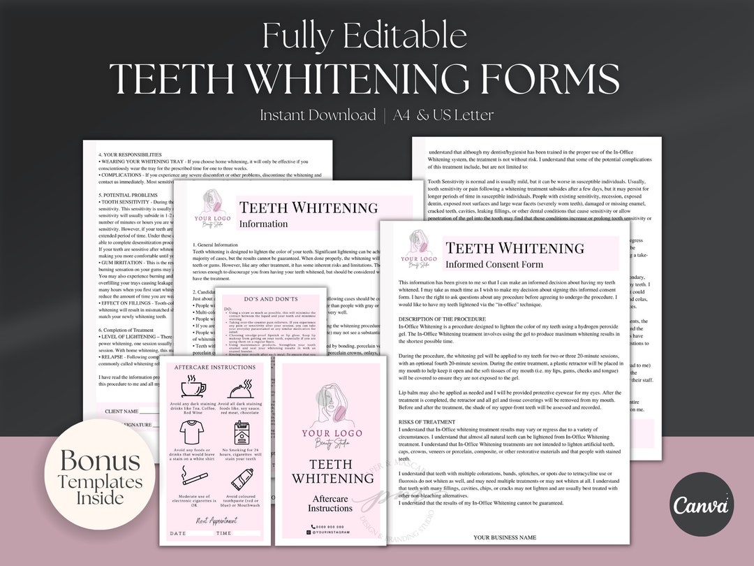 Teeth Whitening Intake and Consent Form, Editable in Office Teeth Whitening Client Form