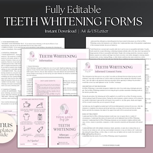 Formulaire d'admission et de consentement pour le blanchiment des dents, formulaire client pour le blanchiment des dents modifiable au bureau, modèles de cartes de suivi, formulaires dentaires