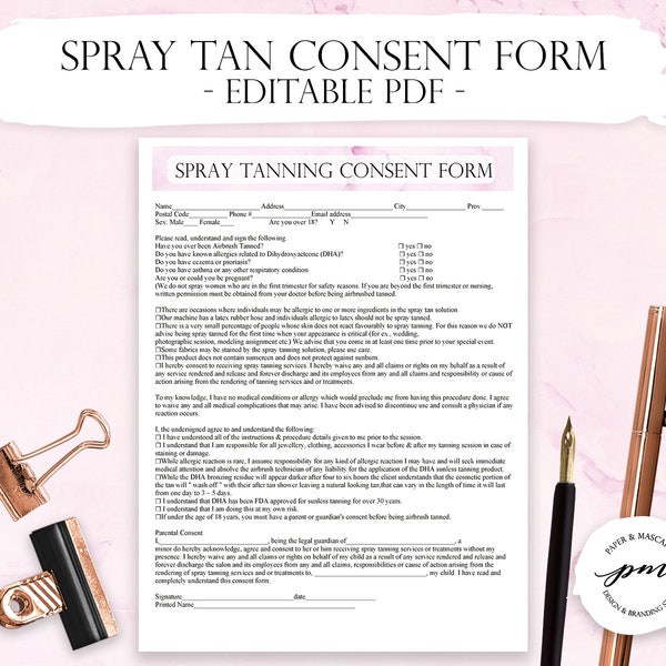 Editable Spray Tan Consent Form and Waiver, Spray Tan Services, Printable Salon Form, Printable Business Planner