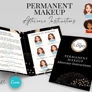 Instrucciones editables para el cuidado posterior del maquillaje permanente, tarjeta editable para el cuidado posterior del maquillaje permanente con emociones, tarjetas para el cuidado posterior del maquillaje permanente en negro y dorado