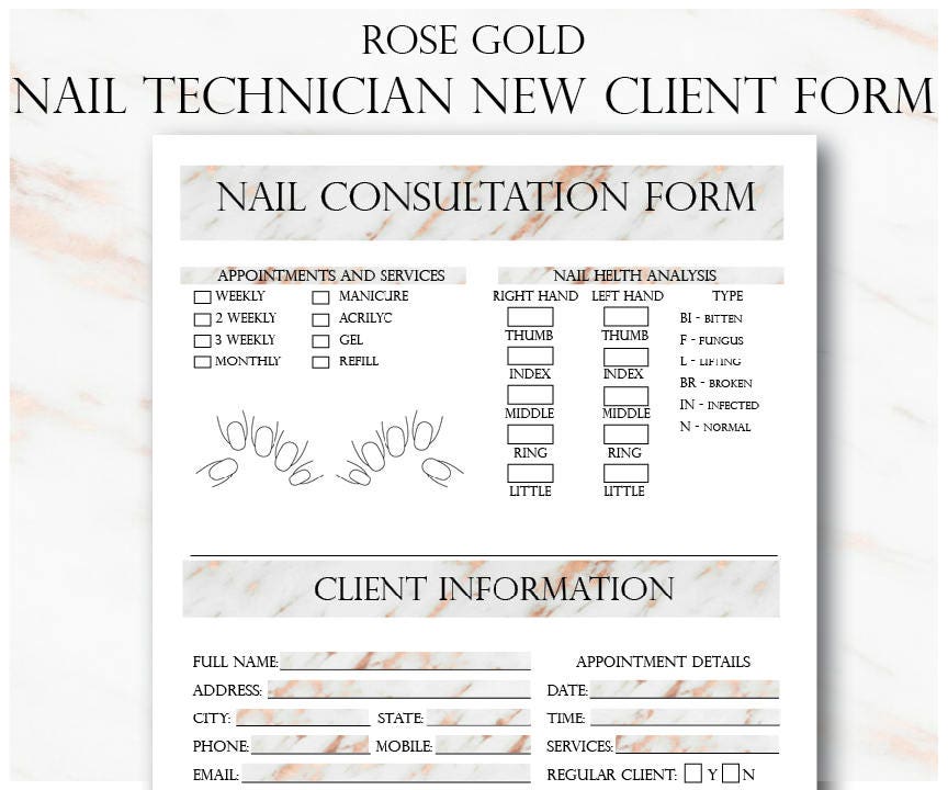 Rose Gold Nail Technician New Client Form And Service Record | Etsy
