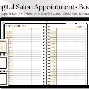 Op de afbeelding: Een digitale planner voor salonafspraken, met een wekelijkse weergave en tabbladen voor elke maand van het jaar. De planner is geopend op een wekelijkse weergave met de kop "WEEK: I".