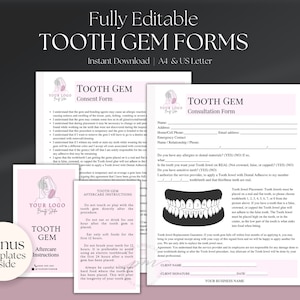 Formulaire de consentement modifiable pour une gemme dentaire, formulaire de renonciation et d'admission pour gemme dentaire, formulaires de demande de bijou dentaire, modèle de carte de suivi de gemme dentaire