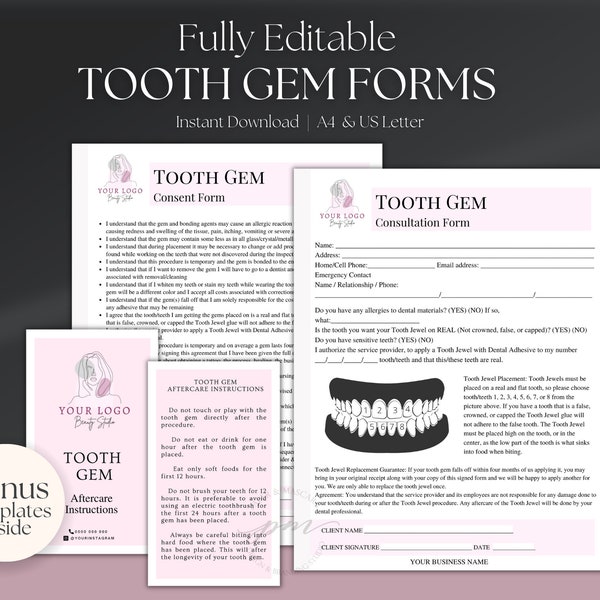 Editable Tooth Gem Consent Form, Tooth Gem Waiver and Intake Form, Tooth Jewel Application Forms, Tooth Gem Aftercare Card Template