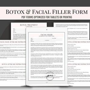 Produits de comblement du visage et formulaires de traitement au Botox pour comprimés, formulaire de consentement au Botox cliquable et Fillabe, formulaire de consentement du produit de comblement du visage, cartes de suivi