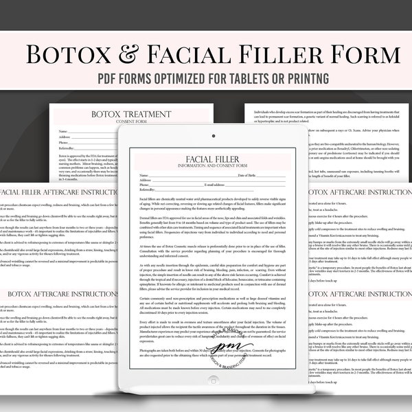 Facial Fillers and Botox Treatment Forms for Tablets, Clickable and Fillabe Botox Consent Form, Facial Filler Consent Form, Aftercare Cards