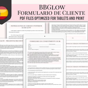 May include: A set of three documents in Spanish, titled "BB Glow - Preguntas Frecuentes", "Formulario de Consentimiento de BB", and "Instrucciones de Cuidado Posterior de BB Glow". The documents are printed on white paper and have a black and white design.