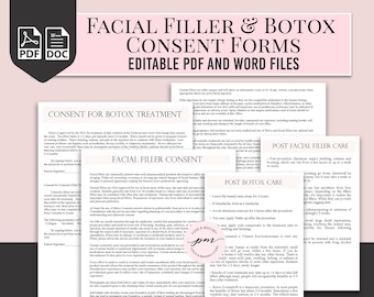 Editable Facial Fillers and Botox Treatment Forms, Customizable Botox Consent Form, Facial Filler Consent Form, Aftercare Cards