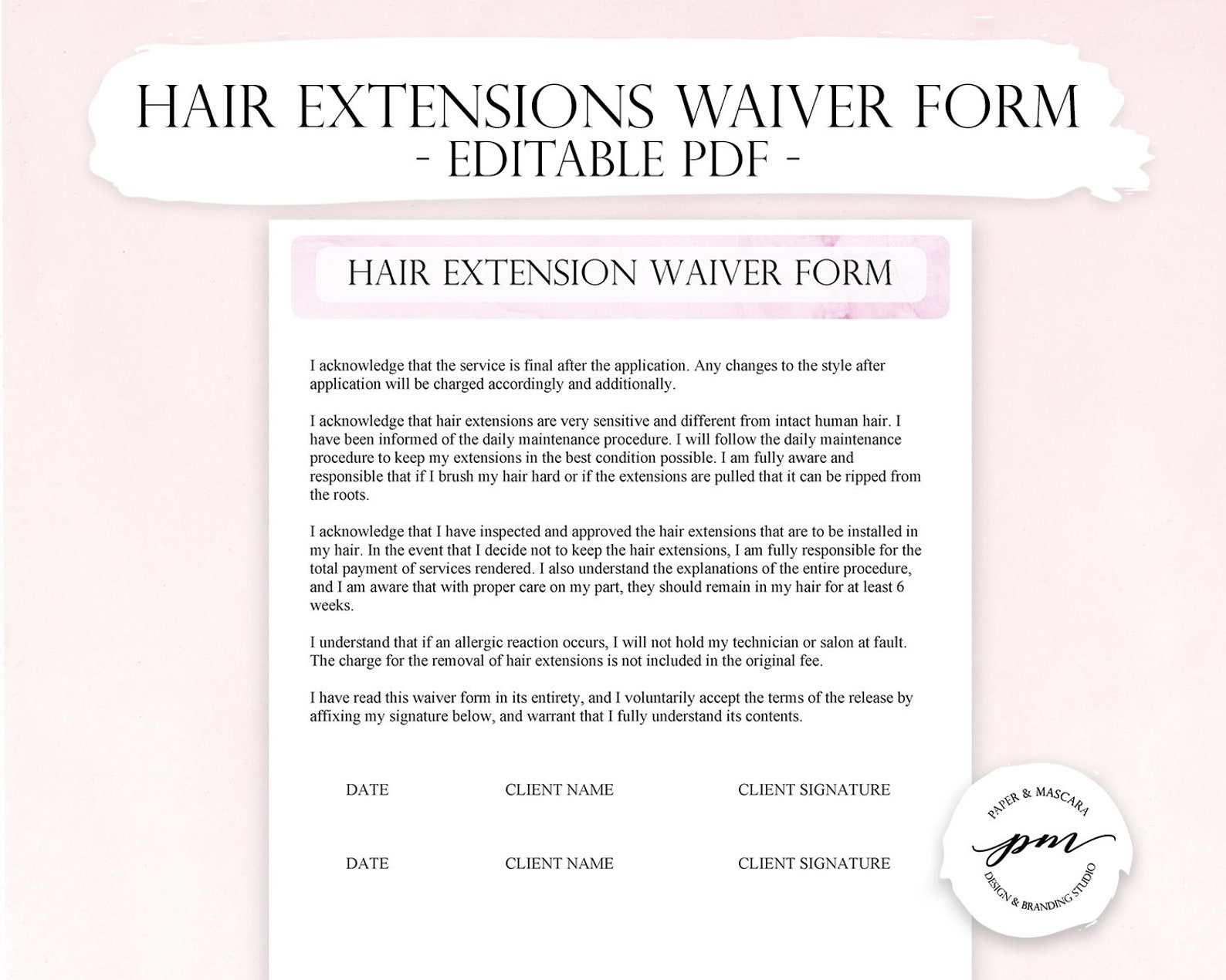 Pink Extensions Waiver Form Wedding Hair Stylist Form Etsy