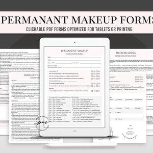 May include: A digital tablet displaying a permanent makeup consultation form with checkboxes and text fields. The form includes questions about medical history, allergies, and desired treatment. The tablet is on a white surface with a white pen.