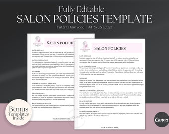 Editable Salon Policies Template, Editable Spa Policies Template, Cancellation Policy Template