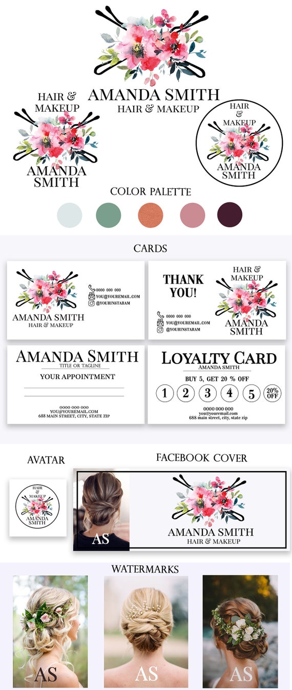 Floral Gold Hair Stylist Logo Design Watercolor Makeup Artist Etsy