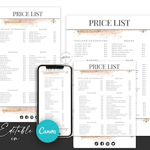 Editable Beauty Salon Price List Template, Editable Services Menu, Editable Pink and Gold Price List, Canva Template with 4 Sizes Included