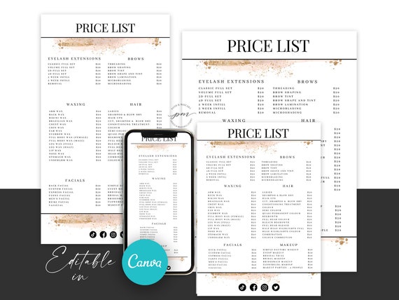 Editable Beauty Salon Price List Template, Editable Services Menu, Editable Pink and Gold Price List, Canva Template with 4 Sizes Included