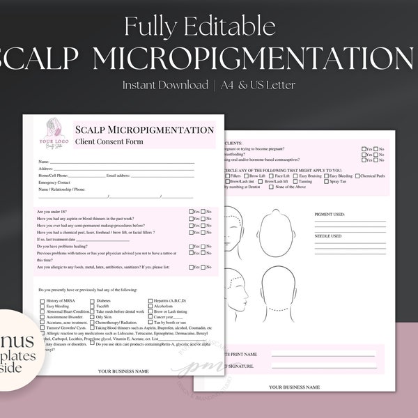 Editable Scalp Micropigmentation Form Template, Scalp Micropigmentation Consent and Consultation Form