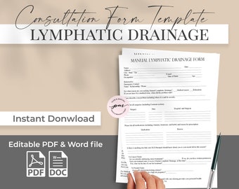 Lymphatic Drainage Form Template, Massage Therapist Form template, Editabel PDF and Word file