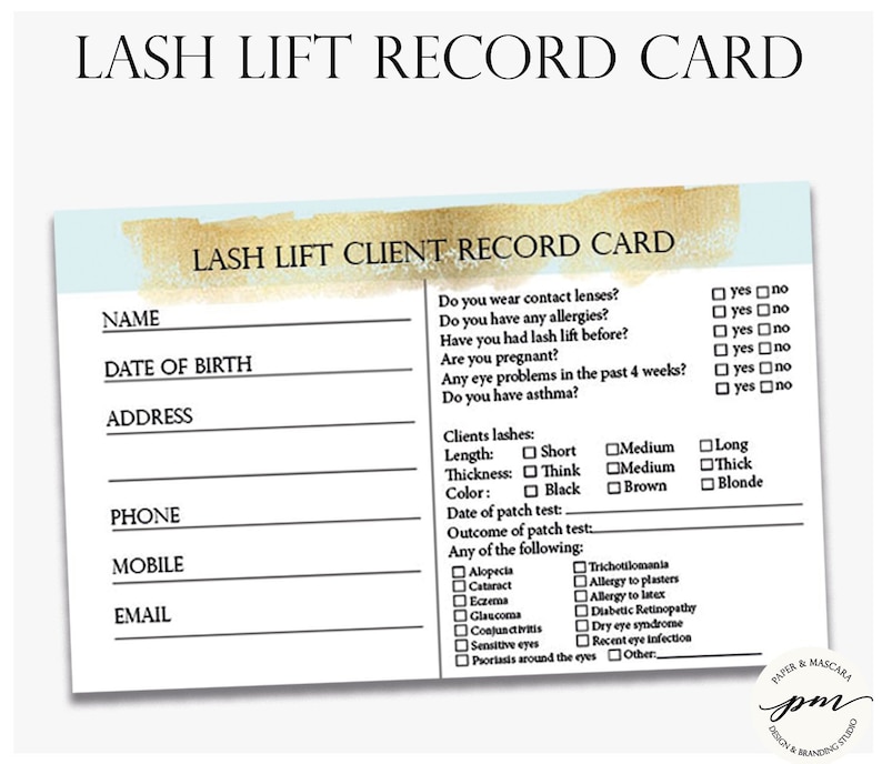 Lash Lift Client Record Card, Printable Eyelash Technician Card, Lash Lift ...