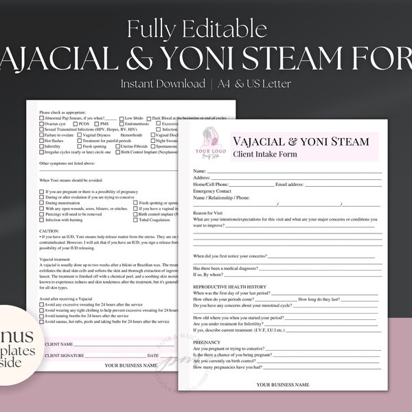 Editable Vajacial and Yoni Steam Form Template, Yoni Steam Bath Intake and Consent Form, Vaginal Steaming Forms