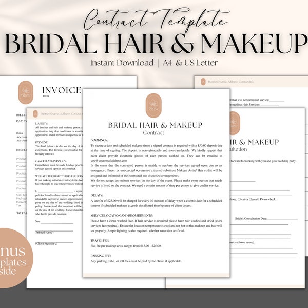 Bridal Hair and Makeup Services Contact Template, Hair Stylist and Makeup Artist Agreement, Wedding Hair and Makeup Contract Template