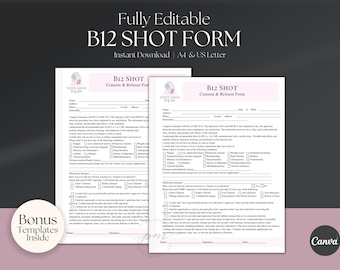 B12 Shot Consent Form Template, Editable Facial Fillers Consent Form Template, Esthetician Consent Form