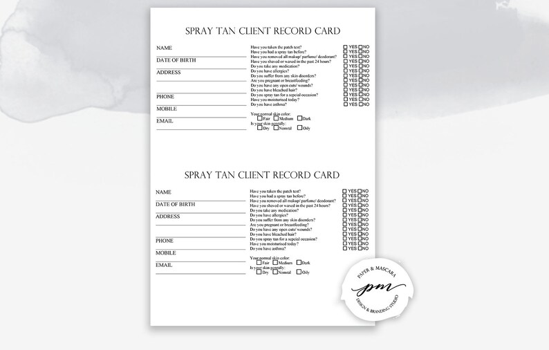 Editable Spay Tanning Salon Forms Spray Tan Client Card | Etsy