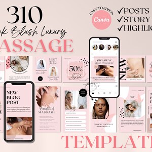 Massage Therapist Instagram Post and Story Templates, Editable Massage Social Media Posts, Pink Massage Instagram Highlights