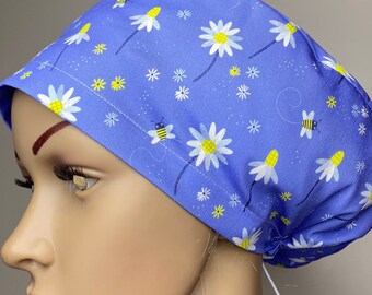 Fashionable Cotton Scrub Hat with Blue Daisy and Bee Print - Handmade Surgeon Cap