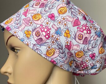 Handmade Floral Mushroom Scrub Hat: Comfortable and Trendy Hair Covering for Healthcare Workers - by Willowhousehomemade