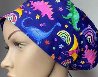 Floral Rainbow Dinosaur Print Cotton Scrub Cap - Perfect Gift for Healthcare Heroes by Willowhousehomemade