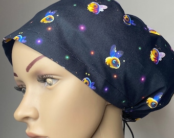 Black Neon Firefly Surgical Scrub Cap - Stylish Handmade Cotton Head Cover by willowhousehomemade . gifts for nurses . surgical hat . euro .