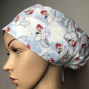Christmas scrub cap, Santa plane scrub caps, euro style hat, santa scrub hats