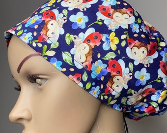 Navy Floral and Ladybug Handmade Scrub Cap with Toggle, Perfect for Surgery or a gift by willowhousehomemade
