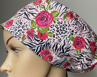 Handmade Cotton Surgical Scrub Cap with Animal Print Toggle and Floral Roses by Willowhousehomemade