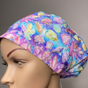 scrub cap -  crystals and gem stones - scrub caps for women - purple scrub hat - nurse gift - pink srub hats - by willowhousehomemade