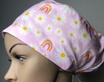 Scrub hat cap, surgical scrub cap, medical scrubs, pink daisy with rainbows