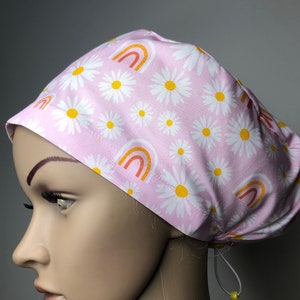 Scrub hat cap, surgical scrub cap, medical scrubs, pink daisy with rainbows