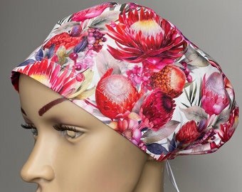 Australian Native Floral Surgical Scrub Cap - Crimson Waratah Design, Soft Cotton Fabric by Willowhousehomemade