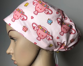 pink reproductive organ scrub cap, scrub cap for women, scrub hat for women, cap, scrub cap Australia, nurse, doctor, vet, dentist